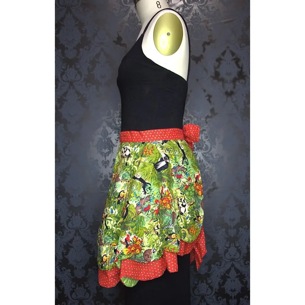 50s Pin Up Style Handmade Apron Red Polka Dot Jungle Theme Tie One Of A Kind